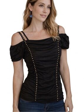 NWOT Entry Black Off Shoulder Ruched Studded Top